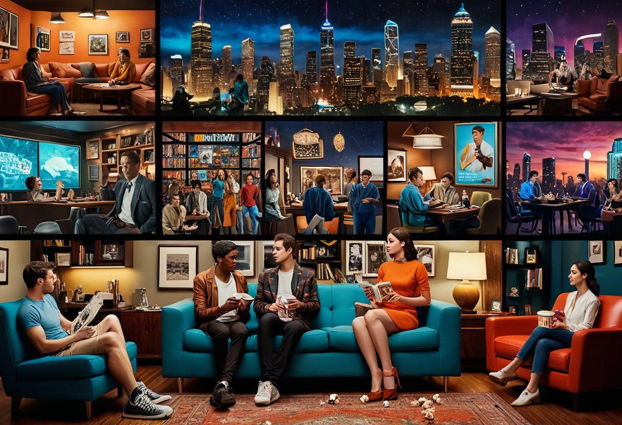 A collage featuring iconic scenes from popular web series, mixing various genres like thriller, comedy, sci-fi, and drama. Include characters in dynamic action poses, dramatic facial expressions, and atmospheric settings like futuristic cities and cozy living rooms. Blend in elements like a clapperboard, streaming icons, and popcorn for an immersive experience. Encourage a sense of excitement and anticipation. vibrant colors. super-realistic.