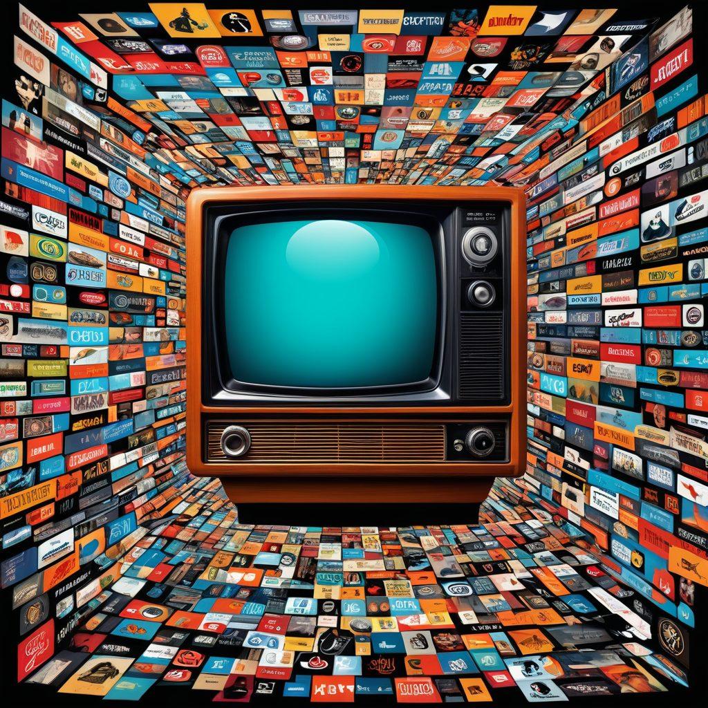 A vibrant collage showcasing a vintage TV set displaying various genres: a detective thriller scene, characters laughing from a comedy, intense drama moments, and gripping sci-fi visuals. Bold and colorful streaming platform logos surround the TV set. radiant colors. vector art.