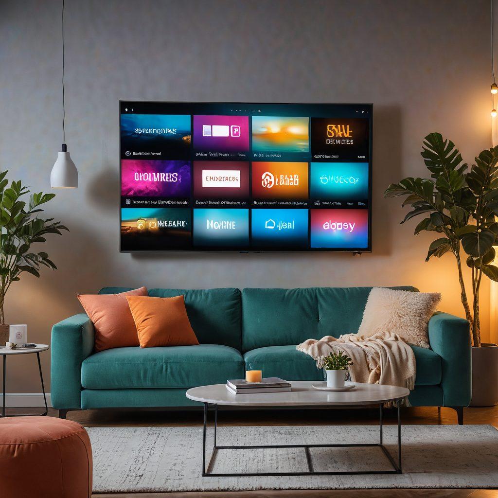 An inviting living room couch surrounded by glowing smart devices like a tablet, smartphone, and TV screen, all displaying vibrant, popular digital series thumbnails. Background features cozy, modern decor with soft lighting to reflect a relaxing binge-watching atmosphere. Ultra-high-definition. bright, and engaging colors.